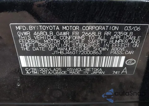 2007 Lexus Es 350 from USA, damaged, VIN JTHBJ46G172000863